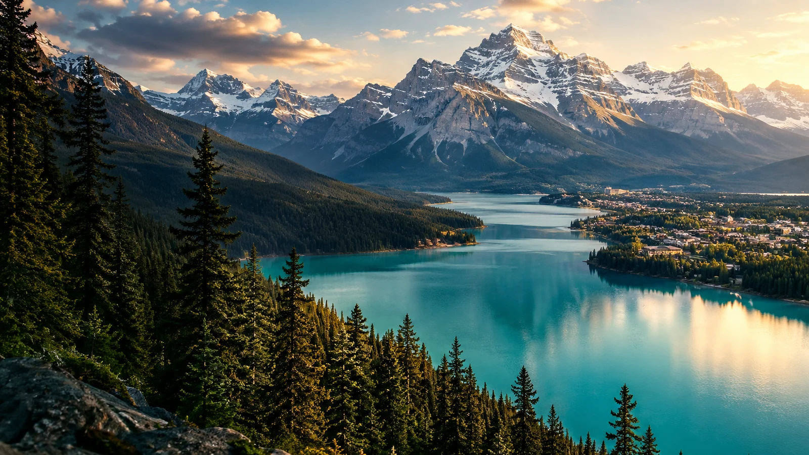 Illustrative Canadian mountain lake surrounded by evergreen forest and dramatic peaks
