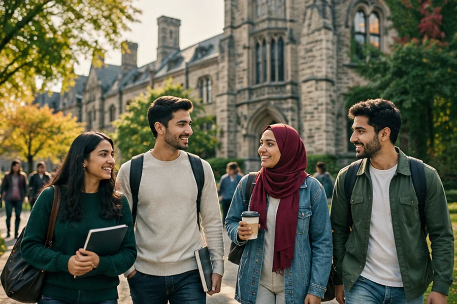 Students walking through a university campus